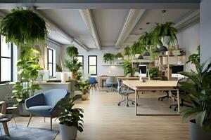 Scandinavian office ,interior with plant. 3D photo