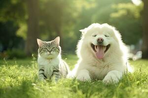 un gato y perros jugar en el parque ,generativo Arte foto