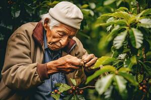 Old man South America farmer picking coffee beans at farm ,Generative AI photo