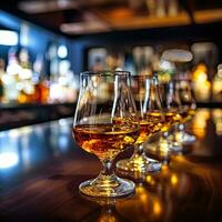 whiskey for tasting on a bar counter with a blurred background ,Generative AI photo