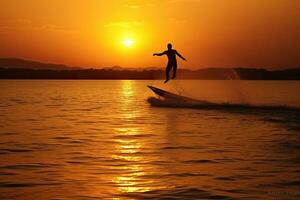 Silhouette of a man on a wakeboard taking off over. Generative AI. photo