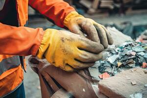 A worker in safety gear sorting through a pile of recyclable materials for environmental sustainability ,Generative AI photo