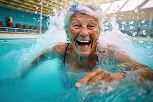 activo mayor mujer haciendo agua a un al aire libre nadando piscina, foto