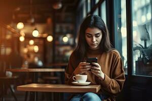 un mujer Bebiendo café en un café ,generativo ai foto