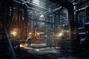 Chemical industry plant - workers in work clothes in a refinery with pipes and machinery ,  Generative AI . photo