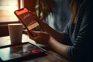 Close up hand woman working with trading graphs in a cafe. Generative AI. photo