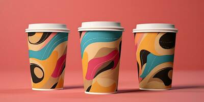 Set of disposable coffee cups with abstract drawing. Coffee to go or take away coffee concept.  ,Generative AI photo