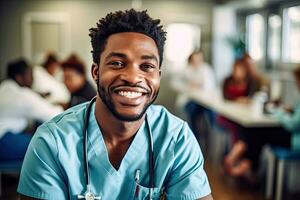 contento sur africano hombre , equipo médico a hospital ,generativo ai. foto