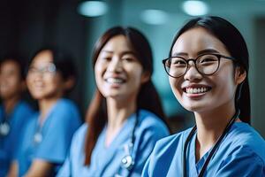 médico Asia trabajadores equipo son reunión en el oficina. generativo ai. foto