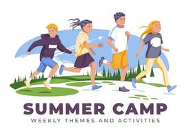 Summer camp for schoolchildren. Happy children running and jumping on the background of an open field with coniferous forest and sky. Flat vector illustration