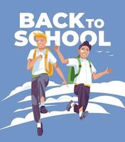 Two young schoolchildren are flying against the background of a blue sky with clouds. Advertisement Back to school. Vector flat illustration