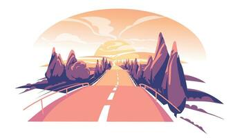 Sunset highway among hills with trees. Pink sky. Horizon, Silence and freedom. Adventure time. Holiday trip. Vector landscape.