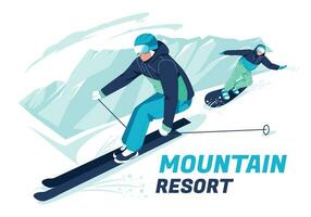 escena de esquiador y snowboarder esquiar en cubierto de nieve montaña pendientes o laderas al aire libre invierno Deportes. dibujos animados plano vector ilustración.