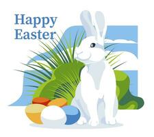 A white rabbit sits in a green garden near Easter eggs. Easter celebration postcard. Vector flat illustration