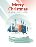 christmas and happy new year greeting vertical card. Flat cartoon vector illustration. Winter snowball with house in the  forest inside.