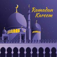 Ramadan card design. Purple starry night. Islamic faith magic mosque with minarets. Vector illustration.