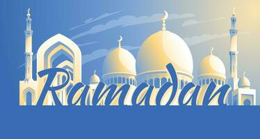 Ramadan card design. Bright sunny day. Islamic faith magical mosque with minarets and gates. Vector illustration.