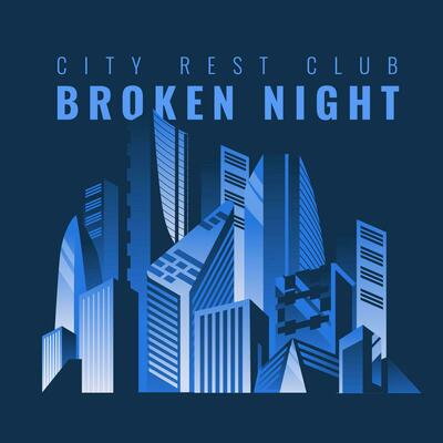 Panoramic scene of a night city with various skyscrapers, residential building and office architecture on a blue background. Flat vector illustration