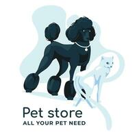 Black poodle and white cat sitting together isolated on white background. Advertising for breeders, pet stores, zoo clinics, groomers. Vector flat illustration