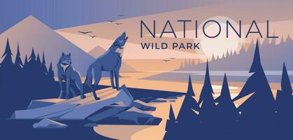 two wolves in a mountain coniferous forest on the bank of a river. Dusk blue sunset. Wild natural park. Vector illustration