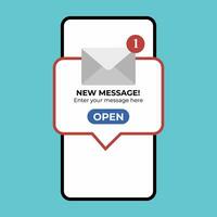 New message notification concept on realistic smartphone mockup. New email pop up. Incoming, open messaging. Chatting, mail, post, letter symbol, sign, emblem with new notification for UI UX website photo