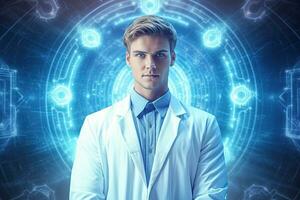 Man doctor in futuristic medicine medical  ,Generative AI. photo