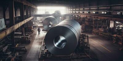 Roll of steel , colour , sheet in factory , Generative AI . photo