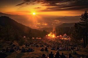 Edm party's on festival up mountain , sunset , Generative AI. photo