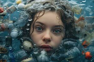 Close up face child looking at a lot of plastic waste in the water ,Generative AI photo