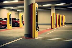 EV electric cars charging at a public charging station, Generative AI . photo