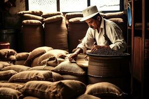 Coffee Roaster man Checking on the Coffee bean roasted to order in front of the roasting coffee machine ,Generative AI photo