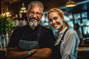 Happy business youngman and young woman working on digital tablet while standing at cafe,Generative AI . photo