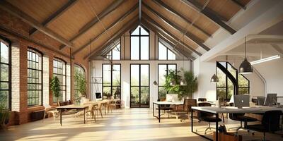 Loft coworking office interior. 3D rendering,Generative AI. photo