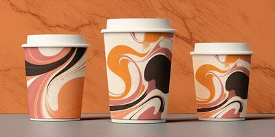 Set of disposable coffee cups with abstract drawing. Coffee to go or take away coffee concept.  ,Generative AI photo