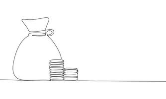 Bag with coins one line continuous banner. Line art money concept banner. Outline vector illustration.