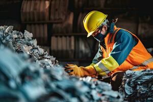 A worker in safety gear sorting through a pile of recyclable materials for environmental sustainability ,Generative AI photo