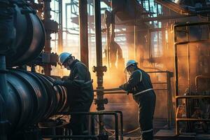 Chemical industry plant - workers in work clothes in a refinery with pipes and machinery ,  Generative AI . photo
