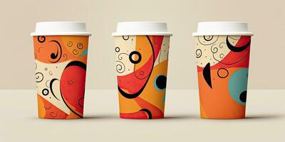 Set of disposable coffee cups with abstract drawing. Coffee to go or take away coffee concept.  ,Generative AI photo