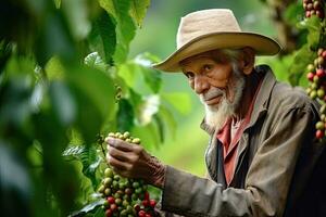 Old man South America farmer picking coffee beans at farm ,Generative AI photo