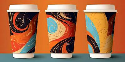 Set of disposable coffee cups with abstract drawing. Coffee to go or take away coffee concept.  ,Generative AI photo