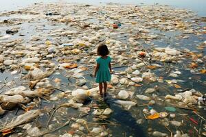 niño mirando a un lote de el plastico residuos en el agua generativa ai . foto