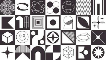 Monochrome color Brutalist style geometric shapes pattern Background. Swiss Bauhaus y2k. Minimalist modern abstract primitive figures and lines design banner vector