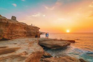 joven mujer viaje relojes un hermosa puesta de sol en el rocas en el playa, Chipre, capa greco, generativo ai foto