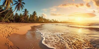 Beautiful beach banner. White sand and coco palms travel tourism  ,sunset Generative AI photo