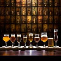 Flight of beer for tasting on a bar counter with a blurred background. photo