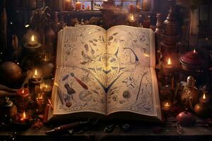 un intrincado ilustración de un bruja antiguo libro de hechizos foto