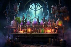 An eerie scene of a witch potion laboratory photo