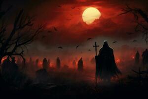 Scary grim reapers arrival at a haunted cemetary photo