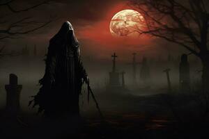 Scary grim reapers arrival at a haunted cemetary photo