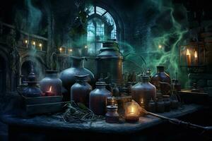 An eerie scene of a witch potion laboratory photo
